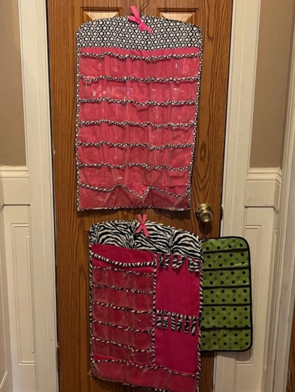Hanging Pink Zebra Print Jewelry Organizer with Polka Dot Pouch